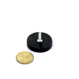 Rubber-coated pot magnet, 36mm, holds 7.5 KG, with threaded stud
